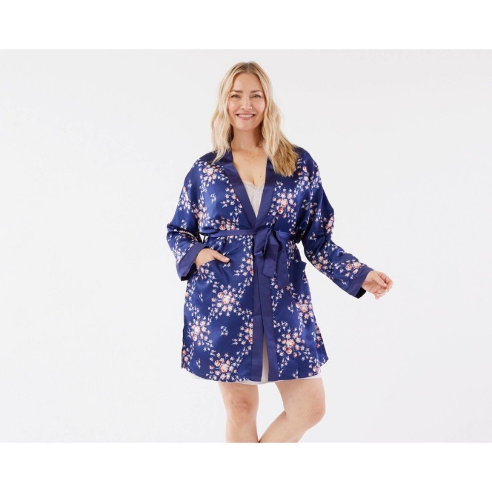 Morgan Lane Allie satin robe navy floral‎